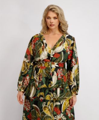 Plus Size Long-Sleeve Tiered Satin Maxi Dress