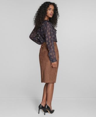 Tommy Hilfiger Womens Posy Ruffle Long Sleeve Blouse Scuba Sueded Knee Length Pencil Skirt In Brown