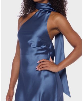 Juniors' Scarf-Neck One-Shoulder Satin Bodycon Dress