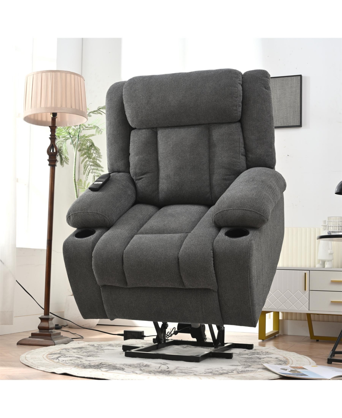 Flynama Power Lift Recliner Chair for Elderly,Fabric Lift Chairs for Living Room w/ Extended Footrest,Classic Single Sofa,Home Theater Seat with 2 Cup