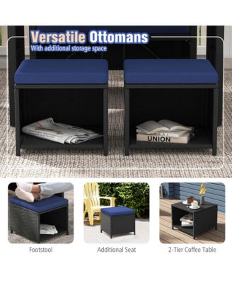 4 PCS Outdoor Dining Set, Rattan Loveseat Chair & 2 Ottomans