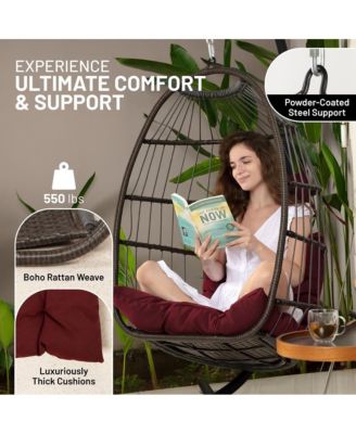 Foldable Egg Chair - Rattan Wicker Hanging Egg Swing Chair with Stand, Waterproof Seat Cushion,, and Headrest for Patio, Bedroom, Porch, and Garden (Red)