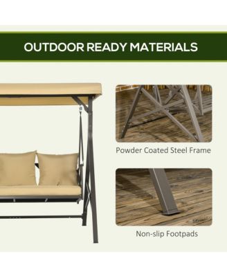 3-Seat Patio Swing Chair, Porch Swing Glider with Cushion, 3 Throw Pillows & Adjustable Canopy for Porch, Garden, Poolside, Backyard, Khaki