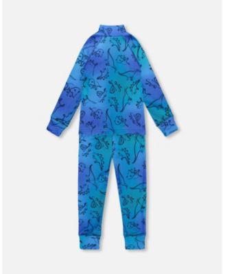 Big Boys Two-Piece Thermal Underwear Set Blue Gradient Dinosaur Print