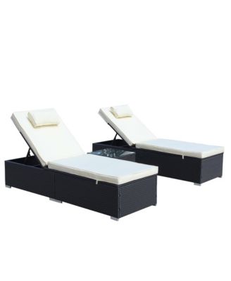 3-Piece Outdoor Patio Furniture Set Chaise Lounge, Patio Reclining Rattan Lounge Chair Chaise Couch Cushioned with Glass Coffee Table, Adjustable Back and Feet, Lounger Chair for Pool Garden, Beige
