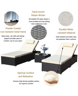 3-Piece Outdoor Patio Furniture Set Chaise Lounge, Patio Reclining Rattan Lounge Chair Chaise Couch Cushioned with Glass Coffee Table, Adjustable Back and Feet, Lounger Chair for Pool Garden, Beige