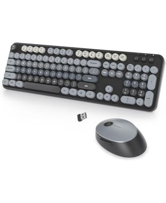 Wireless Keyboard and Mouse Set, Retro Typewriter, 2.4GHz Full Size 104-Key Cute Keyboard with Number Pad, Colorful with Round Keycaps for Windows PC Laptop(Black)