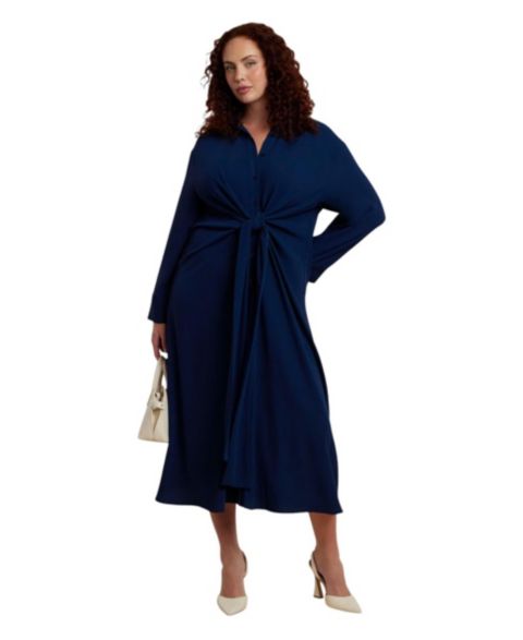 Женское платье ELOQUII Tie-Front Oversized Midi Shirt Dress, цвет: Синий