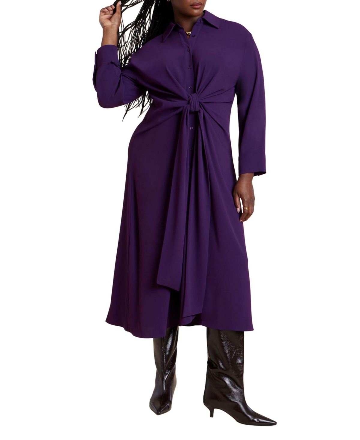 Women's Tie Front Oversized Shirt Dress - Black onyx