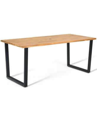 Patio Rectangle Dining Table Acacia Wood with 2'' Umbrella Hole Indoor and Outdoor Deck