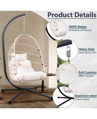 Outdoor Egg Hanging Chair with Stand, Patio Wicker Swing Egg Chair Indoor Swinging Chair Outdoor Hammock Egg Chair Off-white