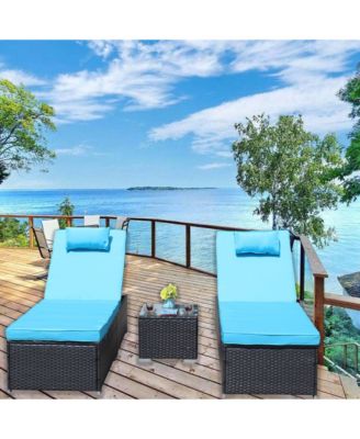 3-Piece Outdoor Patio Furniture Set Chaise Lounge, Patio Reclining Rattan Lounge Chair Chaise Couch Cushioned with Glass Coffee Table, Adjustable Back and Feet, Lounger Chair for Pool Garden, Blue