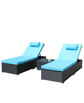 3-Piece Outdoor Patio Furniture Set Chaise Lounge, Patio Reclining Rattan Lounge Chair Chaise Couch Cushioned with Glass Coffee Table, Adjustable Back and Feet, Lounger Chair for Pool Garden, Blue