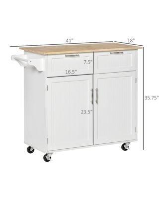 White Kitchen Island: 41" Rolling Cart with Rubberwood Top and Drawers