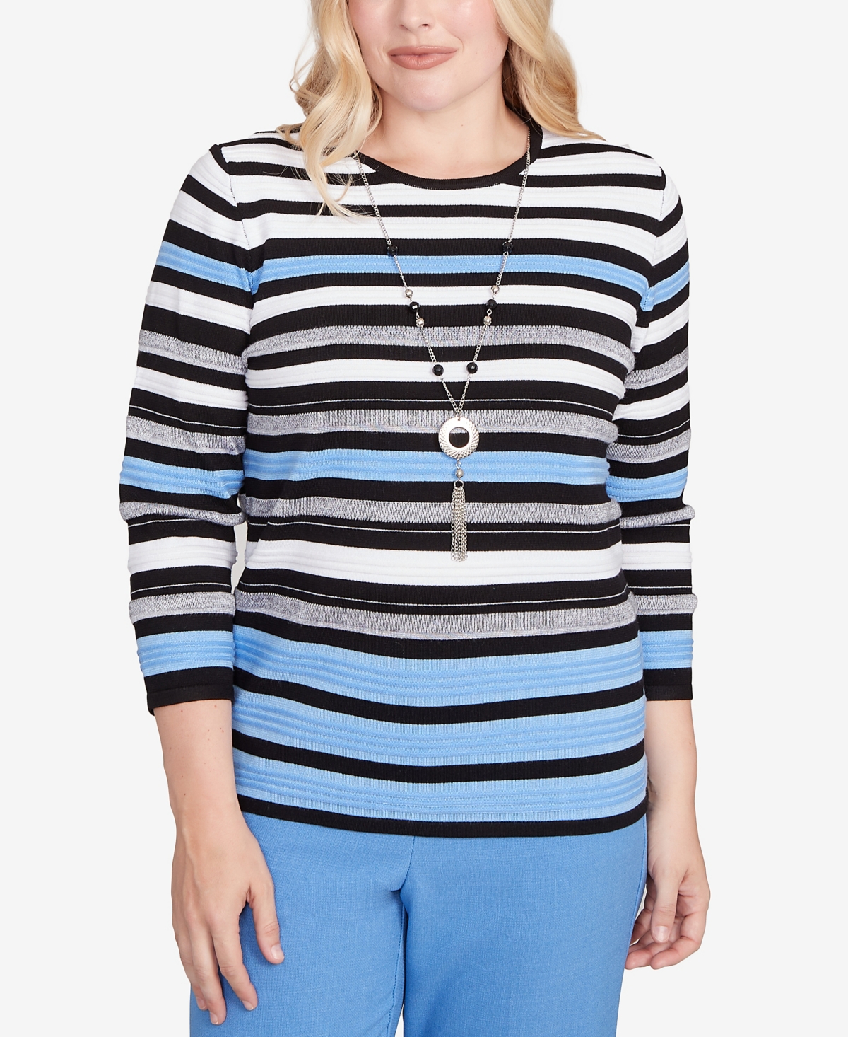 Women's Textured Stripe Sweater with Necklace - Black Multi