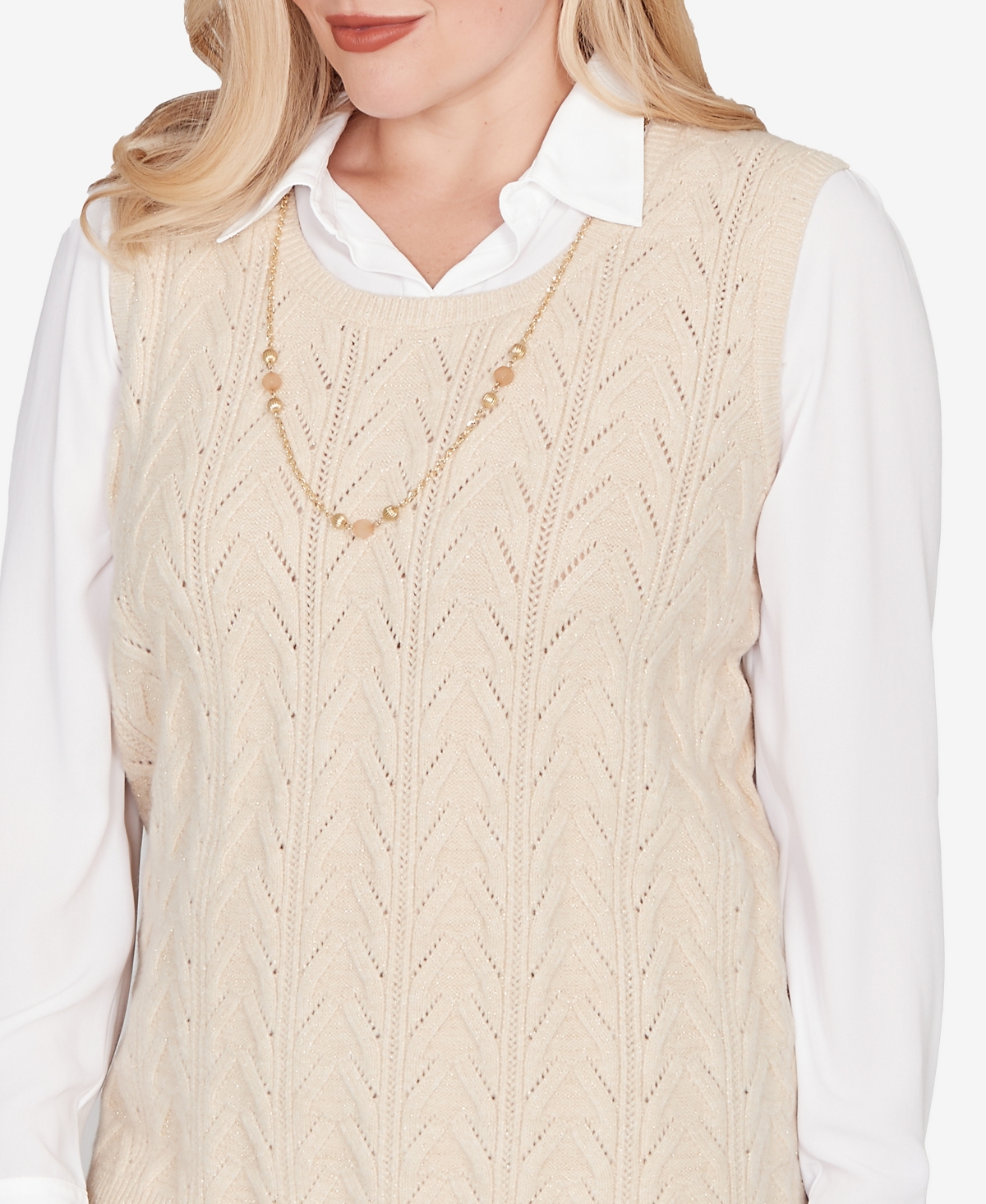 Alfred Dunner Petite Urban Legend Pointelle Texture Two In One Sweater With Necklace In Gray