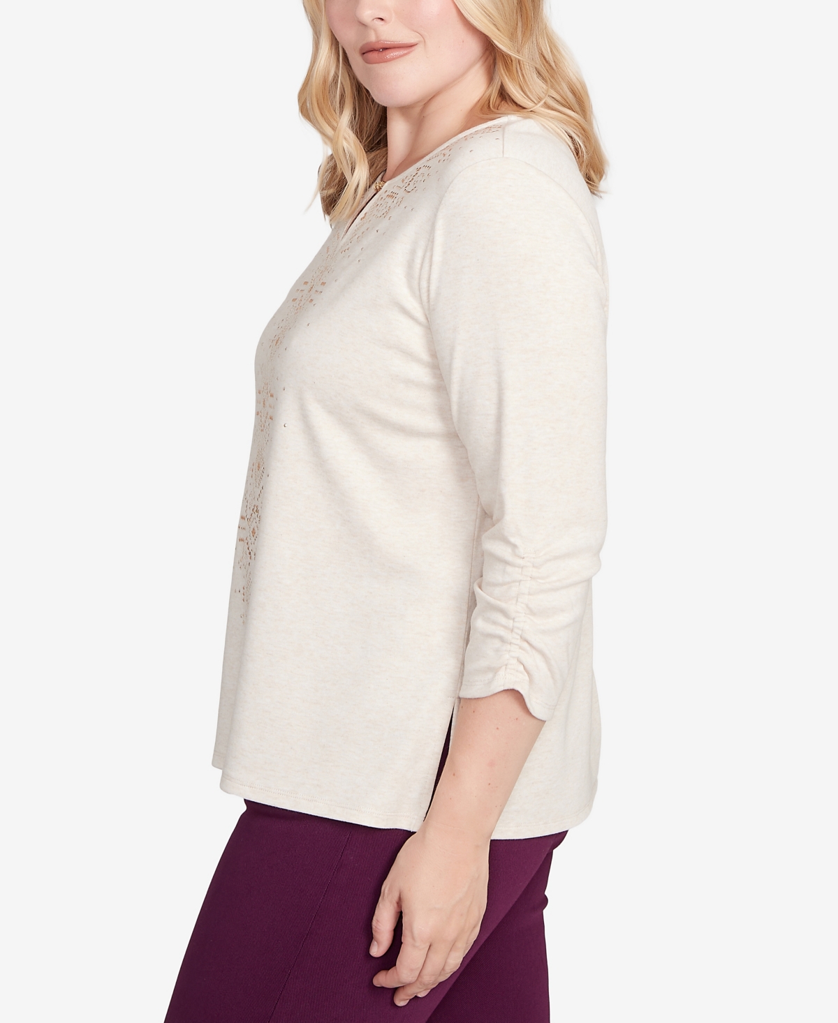 Alfred Dunner Women's Urban Legend Center Embellished V-neck Top In Neutral