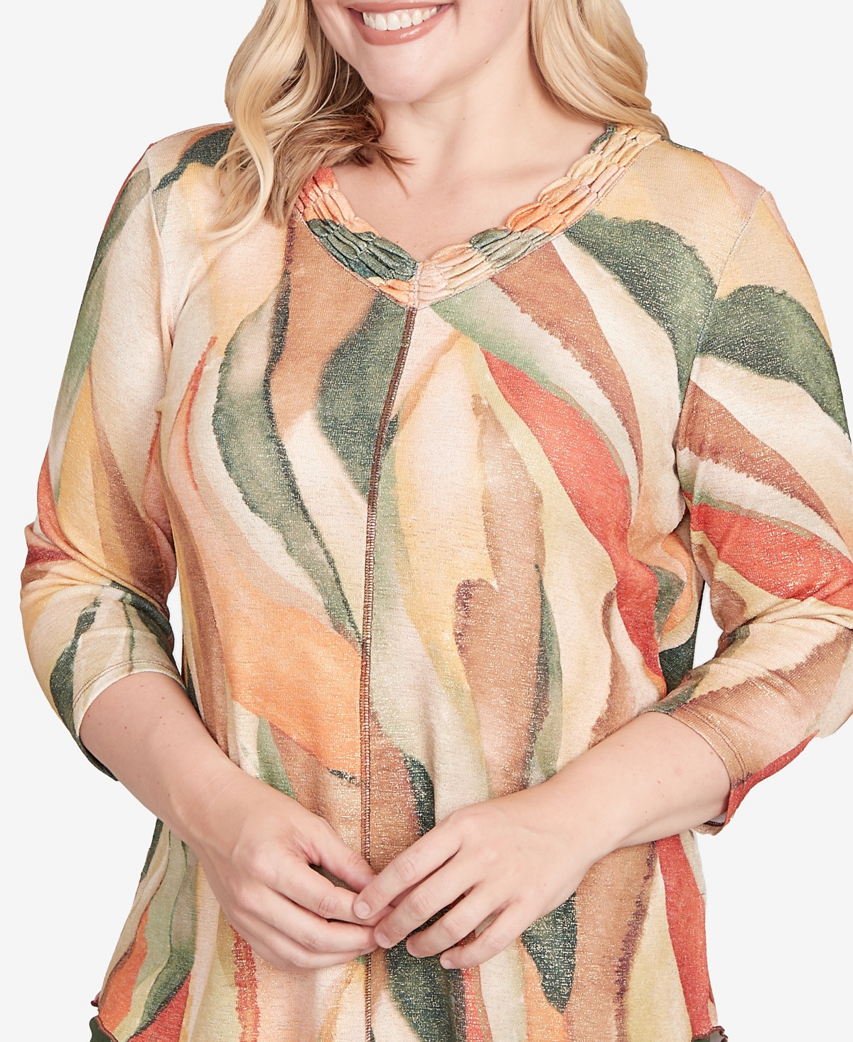 Alfred Dunner Women's Mount Laurel Stained Glass Shimmer V-neck Top In Multi
