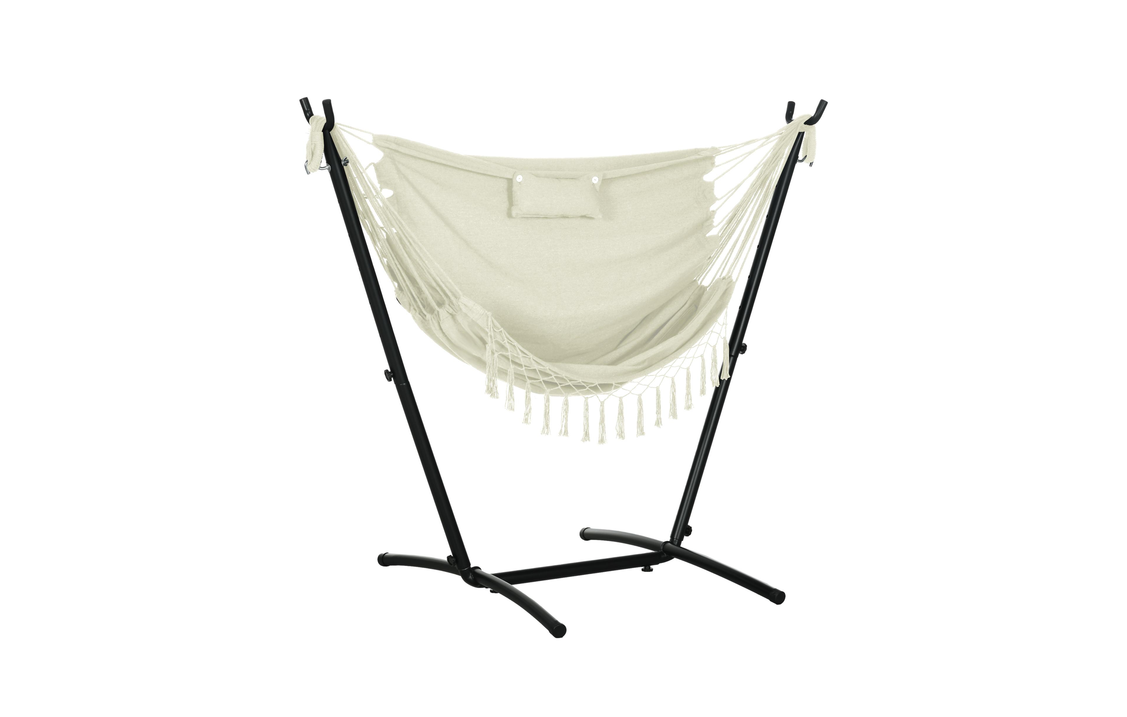 Flynama Patio Hammock Chair with Stand, Outdoor Hammock Swing Hanging Lounge Chair with Side Pocket and Headrest, Cream White