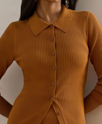Women's Rib-Knit Long Sleeve Polo Cardigan Sweater