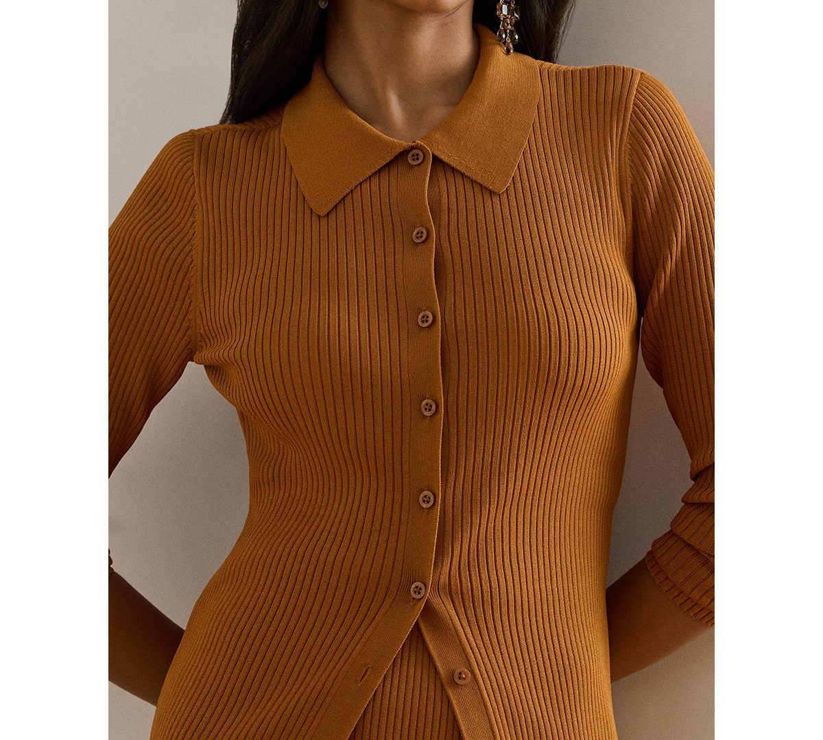 Ralph Lauren Womens Rib Knit Long Sleeve Polo Cardigan Sweater Xs 3x In Brown