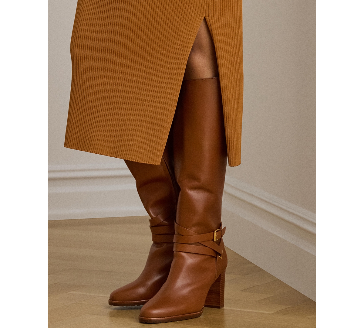 Ralph Lauren Rib-knit Pencil Midi Skirt In Brown