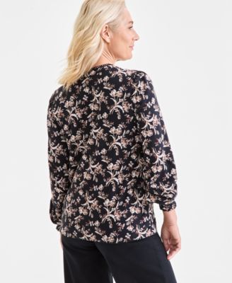 Women's Printed Smocked-Cuff Knit Top, Macy's Exclusive