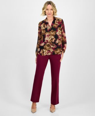 Floral-Print V-Neck Long-Sleeve Blouse, Regular & Petites