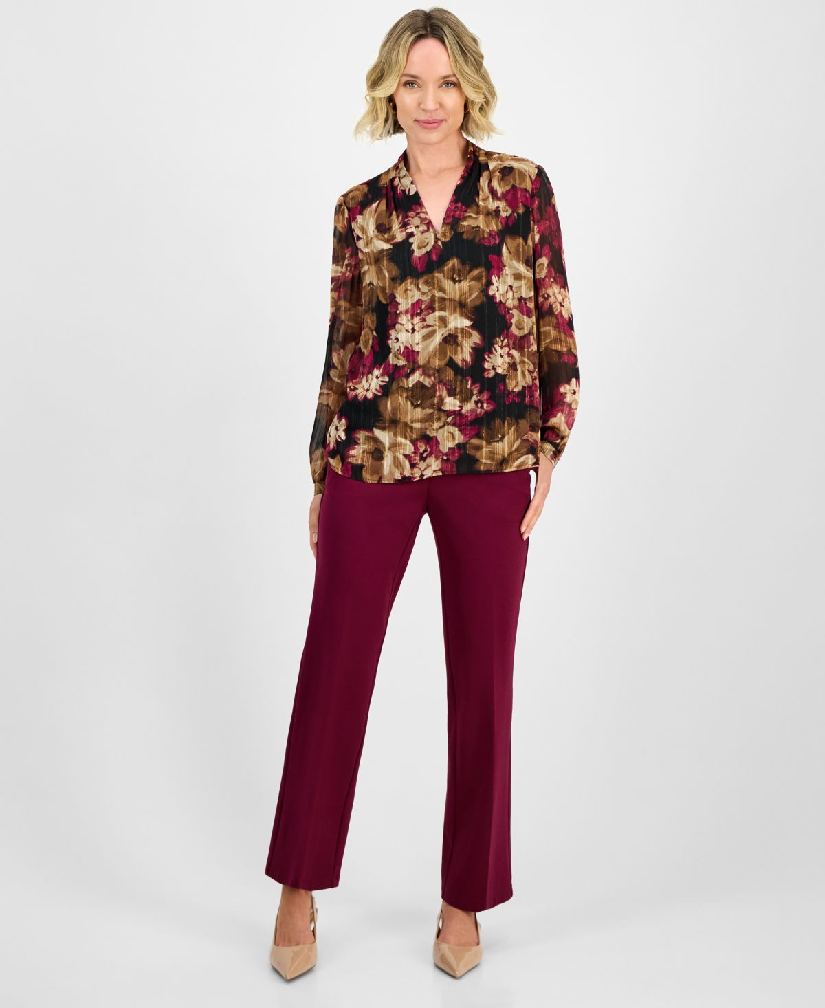 Kasper Floral-print V-neck Long-sleeve Blouse, Regular & Petites In Multi