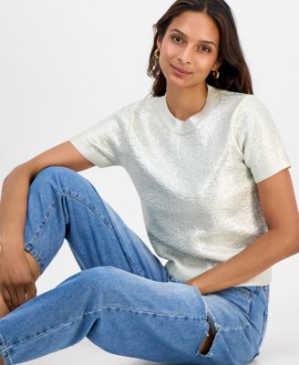 Women's Foiled Short-Sleeve Sweater, Macy's Exclusive 
