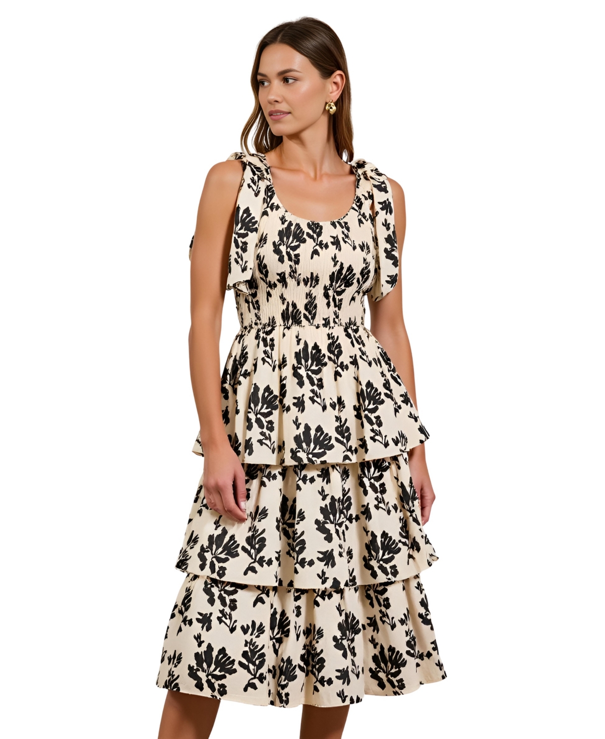 Women's Smocked Tiered Bow-Tie Straps Floral Midi Dress - White