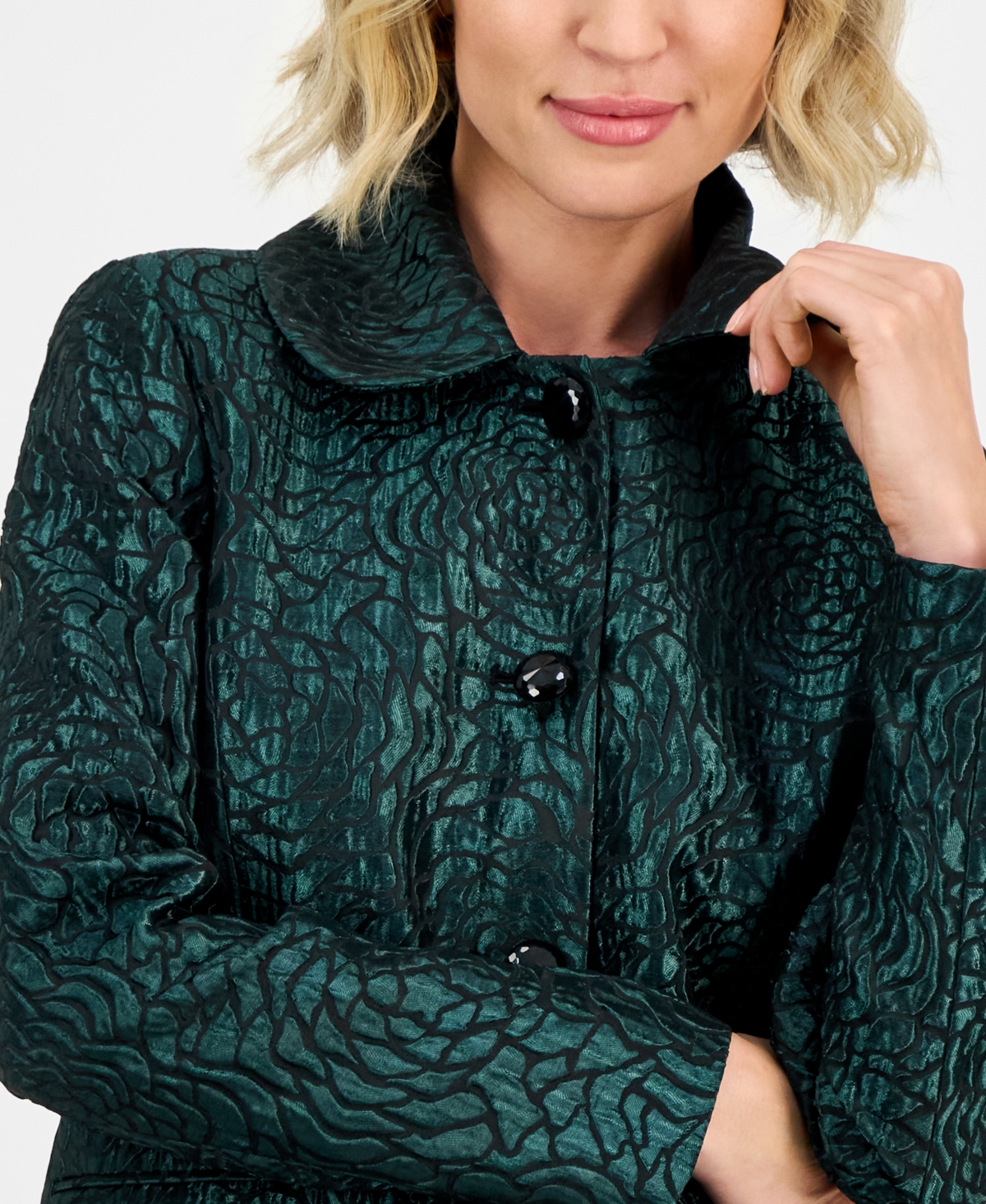 Kasper Women's Damask Peter-pan-collar Coat, Regular & Petite In Green