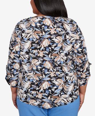 Plus Size As Usual Tie Sleeve Brushstroke Floral Knit Top