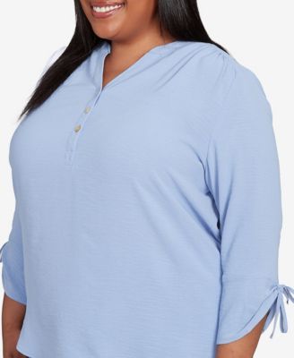 Plus Size As Usual Tie Sleeve Crinkle Textured Henley Top