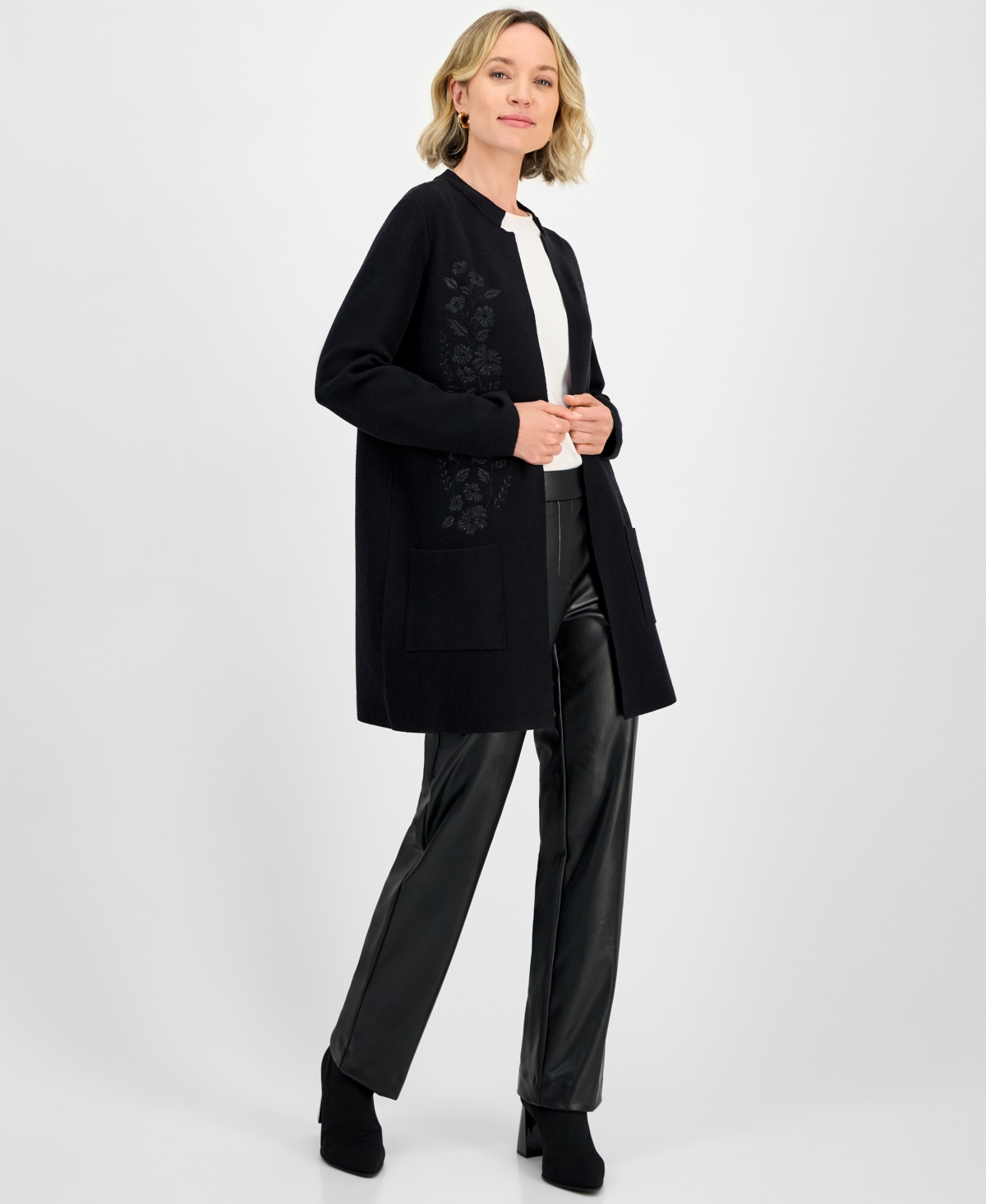 Kasper Women's Windowpane Open-front Cardigan In Black