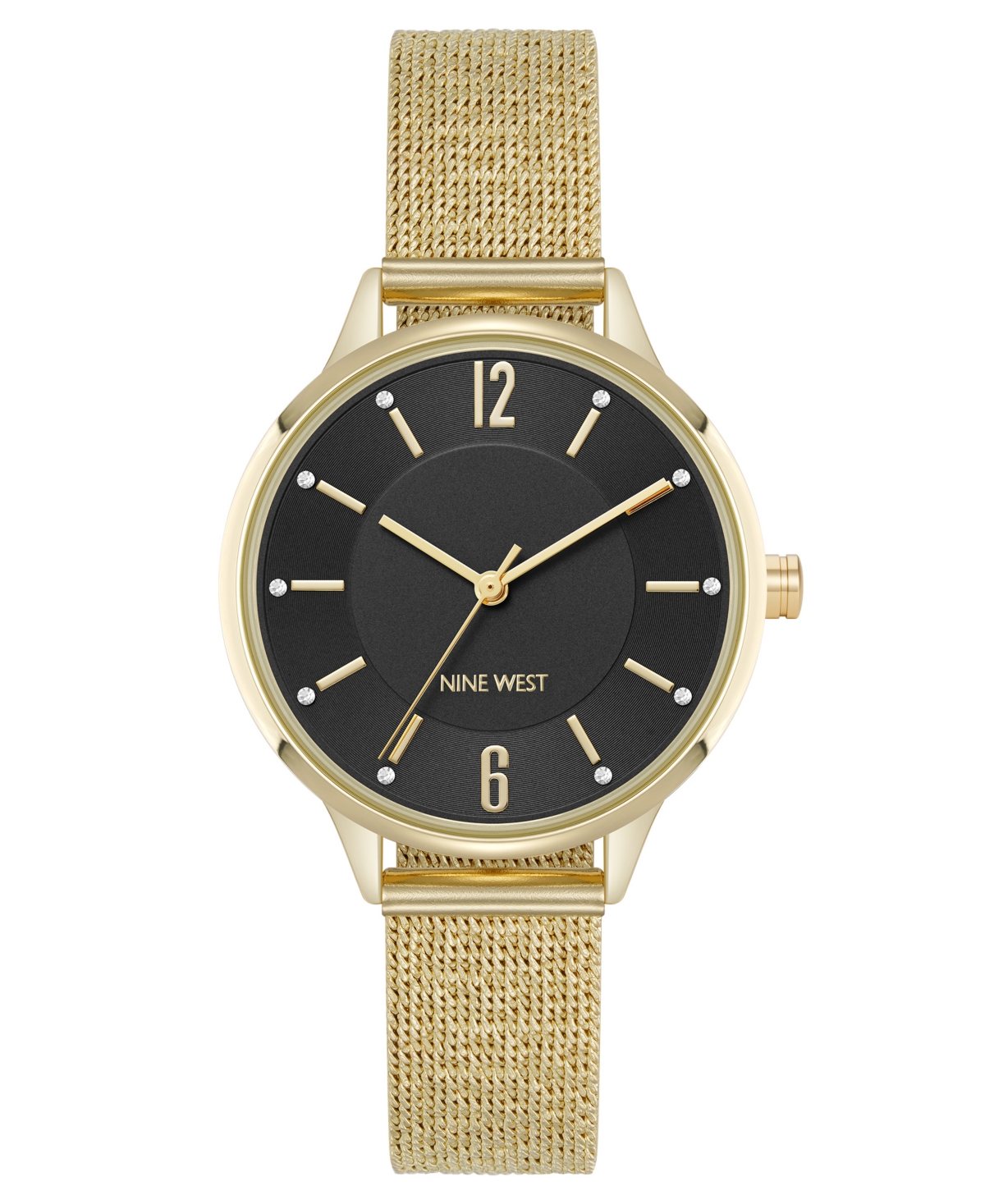 Nine West Women's Quartz Capital Black And Gold-tone Stainless Steel Mesh Watch, 34mm In Gold