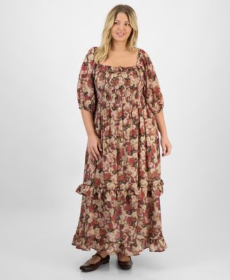 And Now This - Trendy Plus Size Printed Puff-Sleeve Maxi Dress