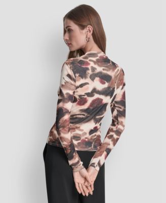 Women's Fitted Funnel Neck Tissue Mesh Long Sleeve Top