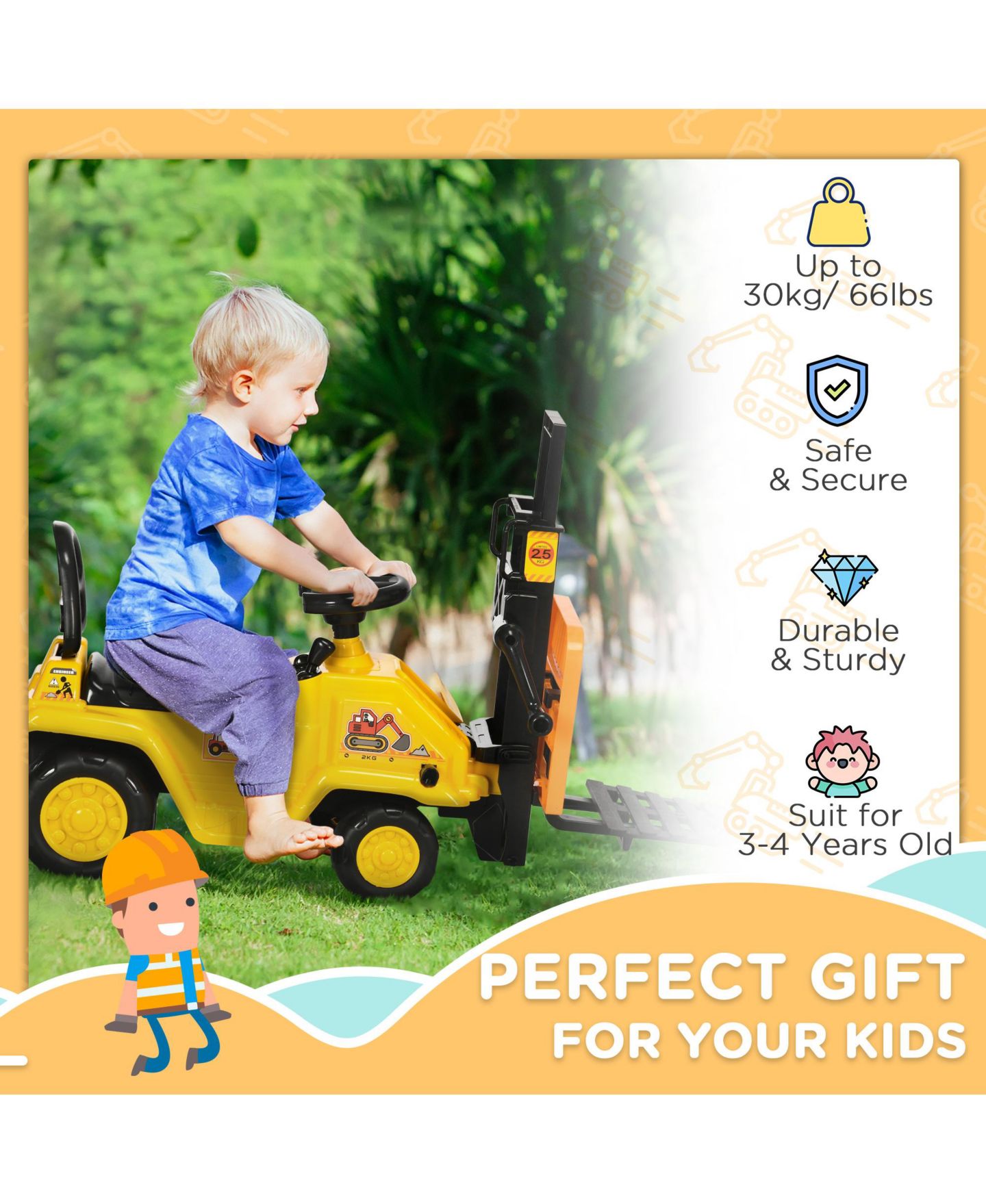 Детская игрушка Aosom Sit and Scoot Ride-On Toy with Lever-Operated Fork, 66 lbs Capacity, Ages 3-4 — фото 7