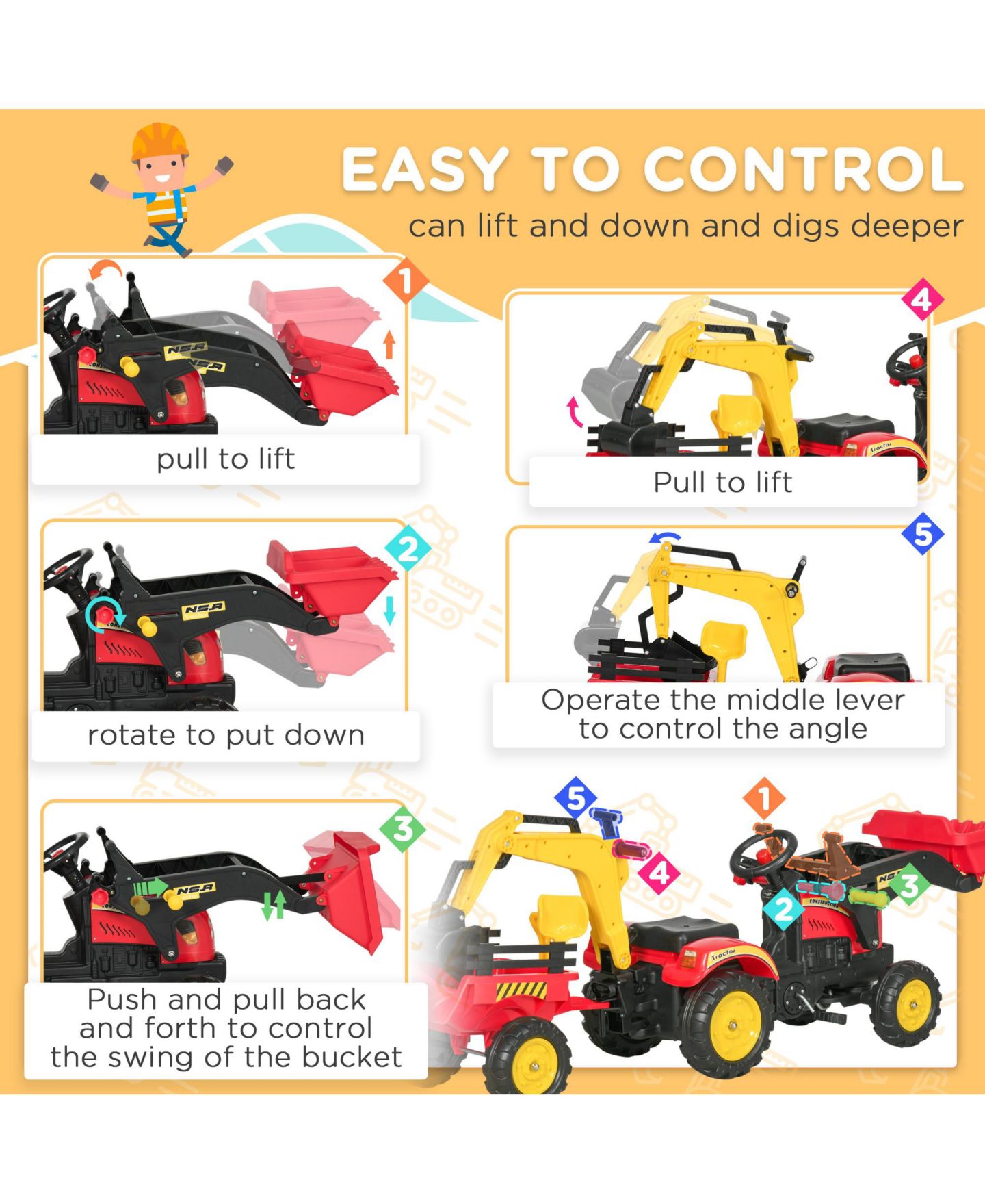 Детская игрушка Aosom Pedal Excavator Ride-On Toy, 70.5"L x 16.5"W x 23.25"H, 77 lbs Capacity, Ages 3+ — фото 6