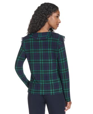Women's Long Sleeve Plaid Mixed Media Ruffle Top