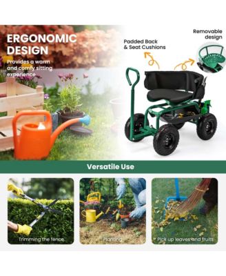 Rolling Garden Cart Height Adjustable Scooter with Swivel Seat & Tool Storage