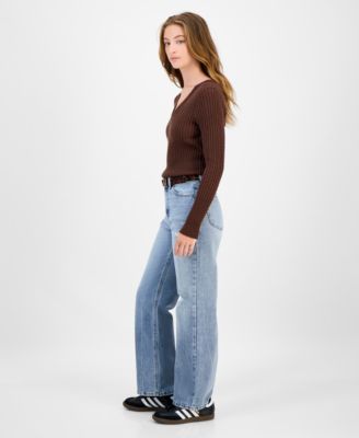Juniors' Belted Slim-Fit Wide-Leg Jeans