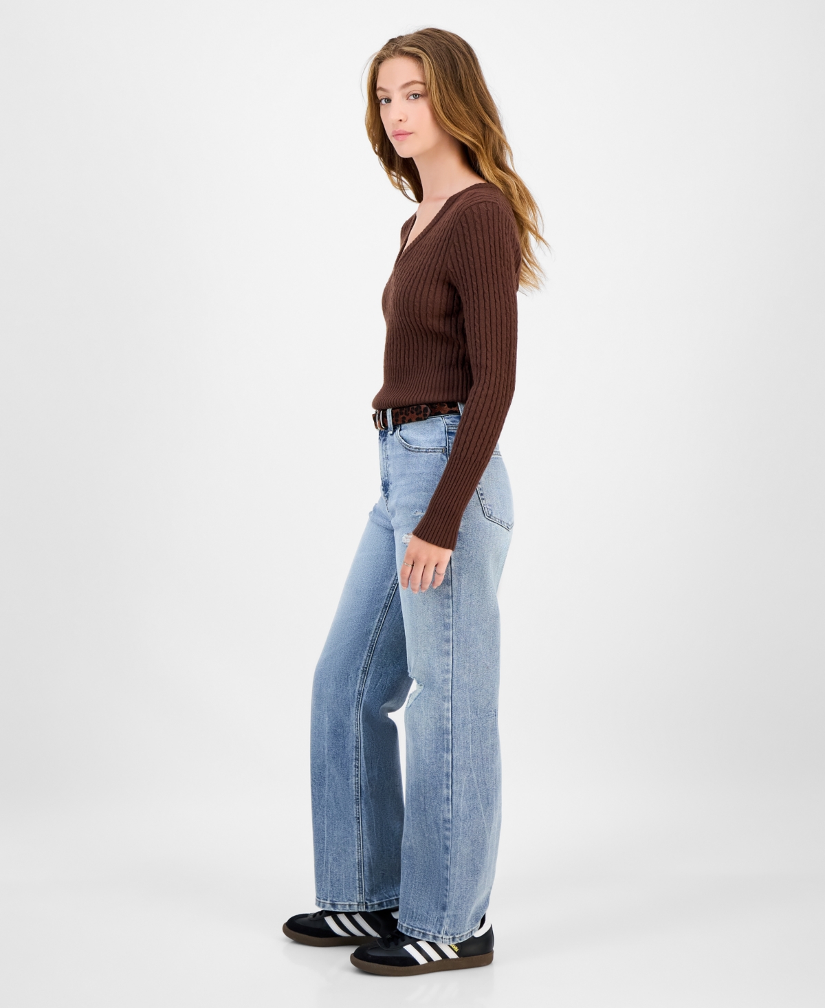 Tinseltown Juniors' Belted Slim-fit Wide-leg Jeans In Blue