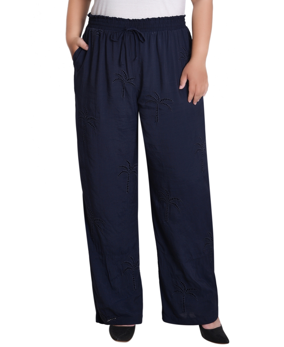 Plus Size Pull On Pants with Embroidery - Navy