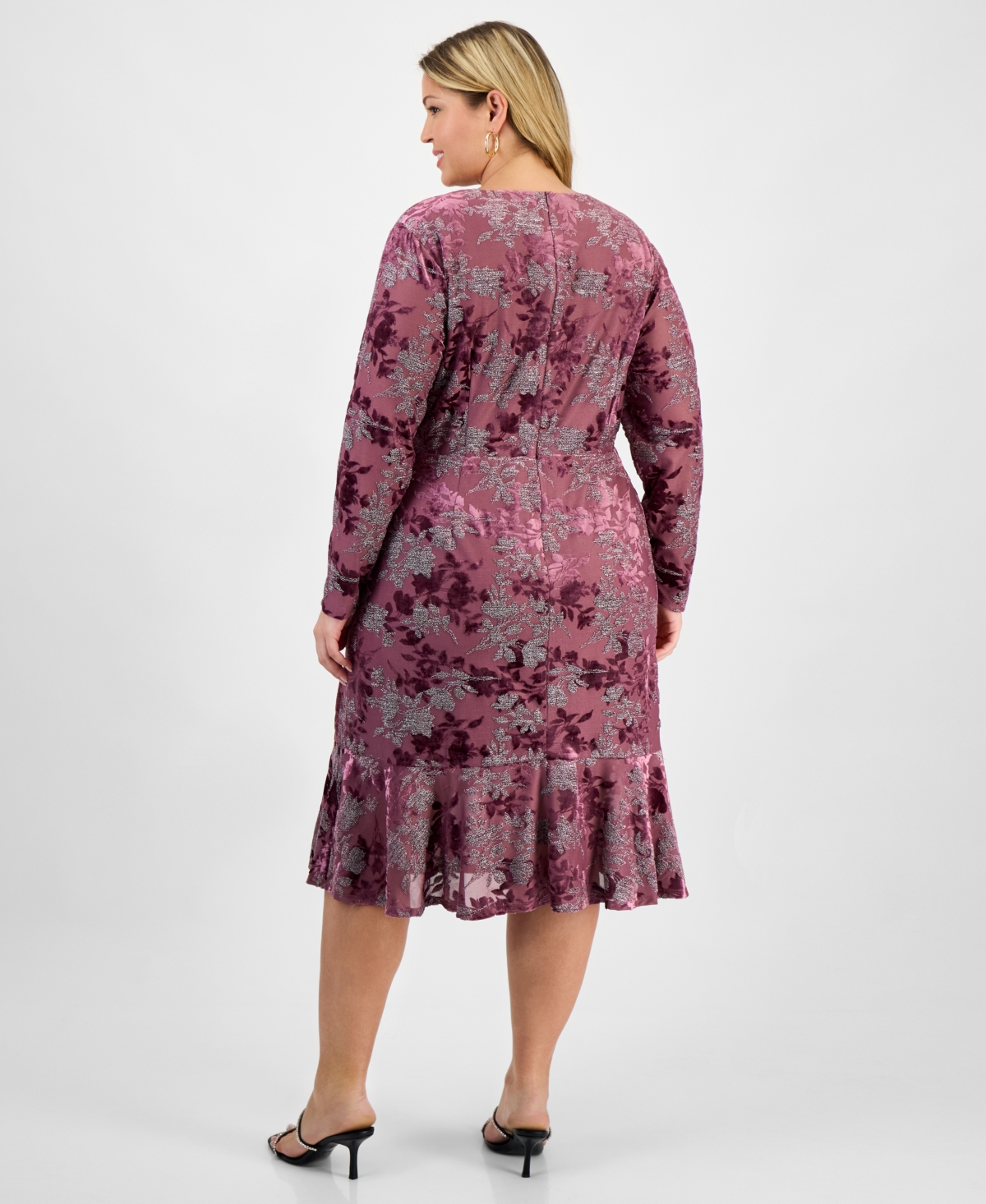 London Times Plus Size Floral Long-sleeve Flounce-hem Midi Dress In Pink