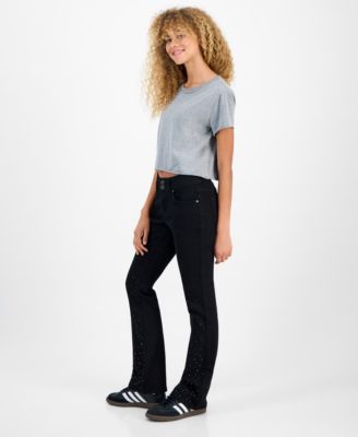 Juniors' Rhinestone Embellished Mid Rise Bootcut Jeans