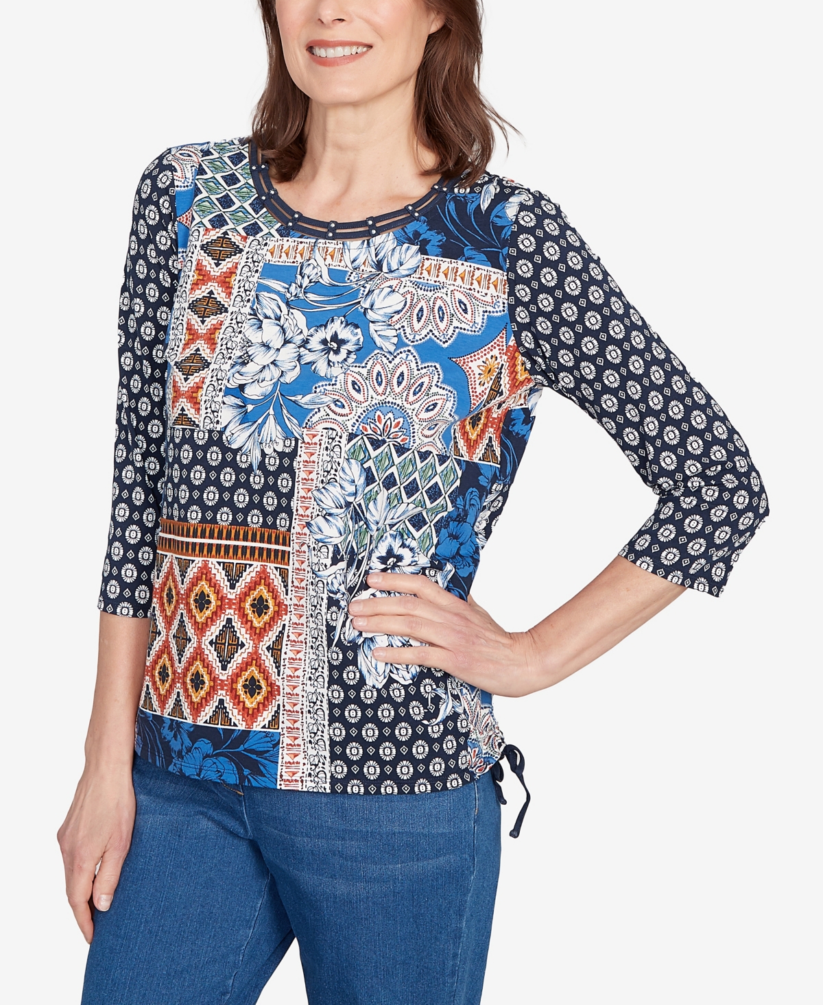 Alfred Dunner Petite Batik Patchwork Drawstring Closure Top In Multi