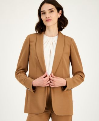 Anne Klein Womens Shawl Collar Open Front Blazer Twist Neck Sleeveless Top Hollywood Waist Pull On Pants In Brown