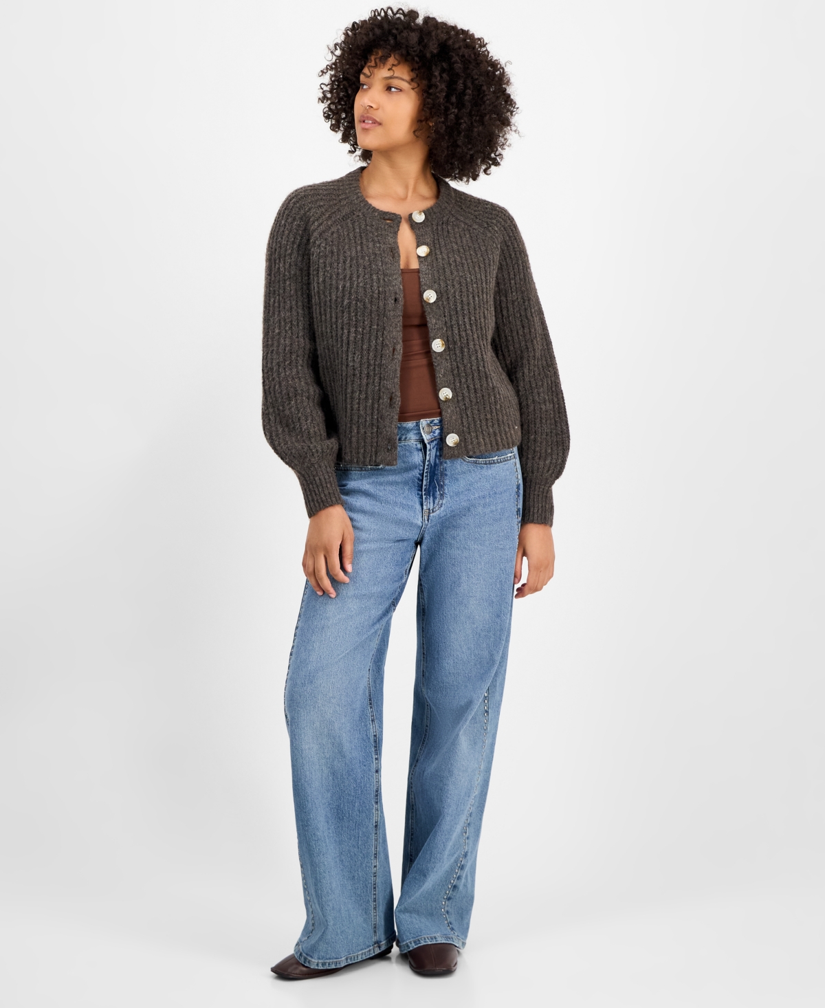 And Now This Women's Shaker Stitch Button-front Cardigan, Macy's Exclusive In Gray
